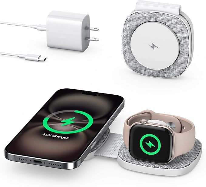 Charging Station for Apple Multiple Devices：2 in 1 Foldable Wireless Charger for Magnetic Wireless Charger Station Travel Charging Pad for Apple iPhone 17 16 15 14 13 12 Series& Apple Watch& Airpods