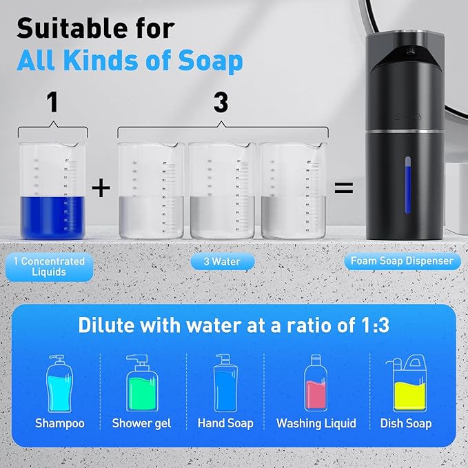 Automatic Soap Dispenser,Touchless Hand Wall Mount Rechargeable 3 Gear Adjustable Electric Soap Dispenser 350ml with Infrared Motion Sensor for Bathroom,Kitchen,Office,Black Foam