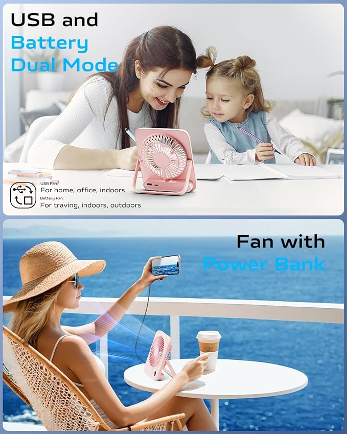 Otlonpe Portable Desk Fan 6.5 Inch, 4000mAh Rechargeable Battery Operated & USB Powered, 23Hrs Cordless Small Personal Fan 4-Speed Quiet for Office Travel Home Sleeping, Led Display, Foldable (Pink)