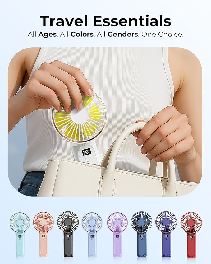 TUNISE Portable Handheld Fan, Portable Fan Rechargeable, 4000mAh, 180° Adjustable, 6 Speed Wind, Display Electricity in Real Time, USB Rechargeable Foldable F an, Quiet Personal Fan with Power Bank