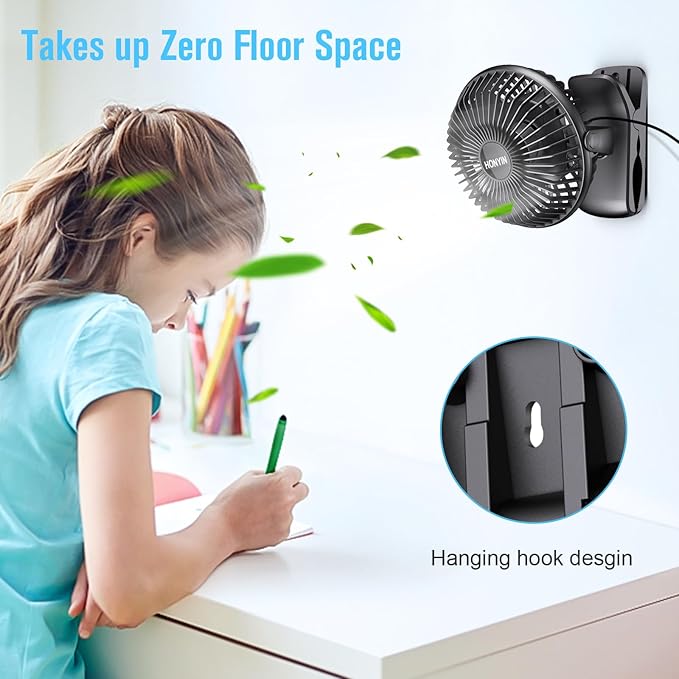 HONYIN 720° Rotation Small Desk & Clip on Fan with Sturdy Clamp, 3 Speeds, Quiet Little Personal Cooling Fan by USB Plug In, for Bedroom Office Desktop Treadmill
