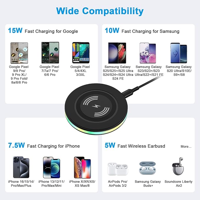Android Wireless Charger Fast Charging Pad for Samsung Galaxy S26 Ultra S26+ S26 S25Edge S25 Ultra S25+ S25 S24 Ultra S24+ S24 S23 S22 S21 S20 Ultra FE, Samsung Wireless Charger Phone Charger Station