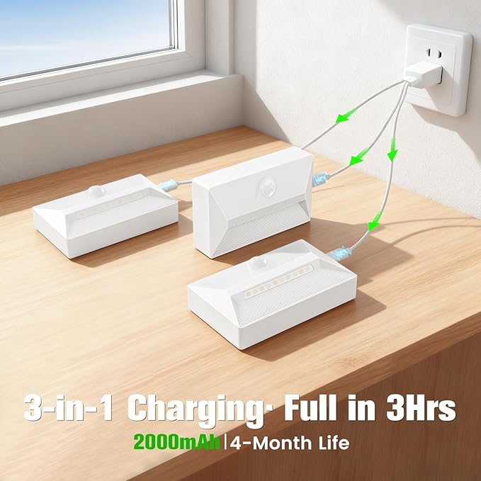 VOLISUN Motion Sensor Stair Light Rechargeable 6 Pack, Night Lights 3 Modes & 3 Color Temperatures, Magnetic Rechargeable Stick-On Lights for Stairs, Hallway, Cabinet(White)