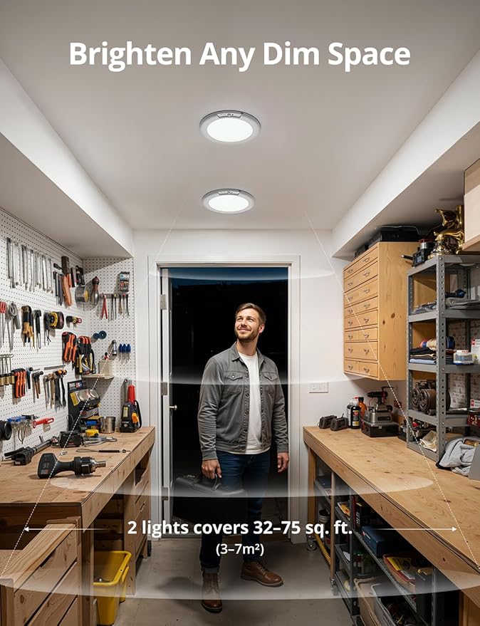 Bojim Rechargeable Ceiling Lights Wireless Waterproof Shower Lighting Inside, 3CCT & Dimmable Magnetic Motion Sensor Lights Battery Operated Closet Light No Wiring for Pantry Laundry 2 Pack