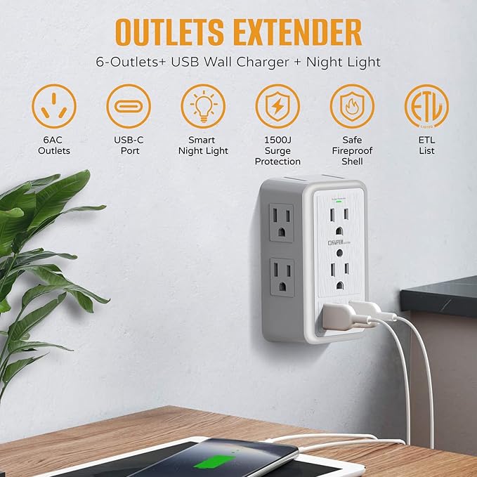 USB Wall Charger Surge Protector, Super Electro 6 Outlet Extender with 3 USB Charging Ports (5V 3.4A Total) and Night Light, 3-Sided 1500J Multi Plug wall Outlet for Home, Office, ETL Listed