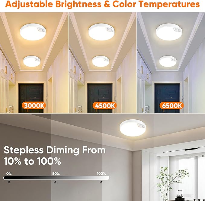2 Pack 10000mAh Rechargeable Motion Sensor Ceiling Light with Remote, Battery Operated Closet Light No Wiring, Magnetic Wireless LED Ceiling Lights, 3 Color Overhead Lamp for Shower Pantry Hallway