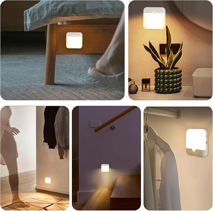 2 Pack Motion Sensor Night Light, Rechargeable Battery Night Lights Warm White, Portable Mini Motion Activated Night Light for Wall, Hallway, Kids Room, Stairway, Cabinet