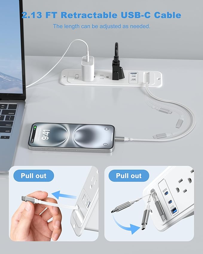 Recessed Power Strip with Retractable USB C Cable,2 PD 65W USB C Fast Charging,Flush Mount Countertop Drawer Outlet, Furniture Hidden Outlet for Side Table,End Table,3 Outlets (White, 6FT-65W)