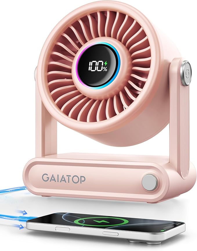 Gaiatop Portable Quiet Desk Fan, 6000mAh Rechargeable Battery Fan with RGB Ring, 18Hrs Runtime, 5-Speed Strong Wind, Bedroom Office Desk Accessories, Gifts for Women Girls Mom, Pink