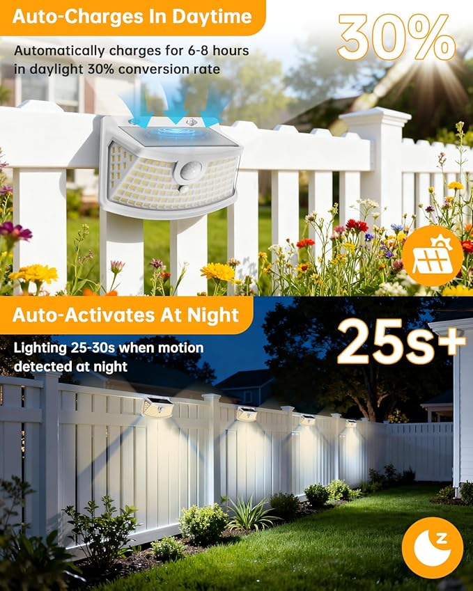 Aootek New Solar Motion Sensor Lights 120 LEDs with Lights Reflector,270° Wide Angle, IP65 Waterproof, Step Lights for Front Door, Yard, Garage, Deck (White, Warm White, 2-Pack)