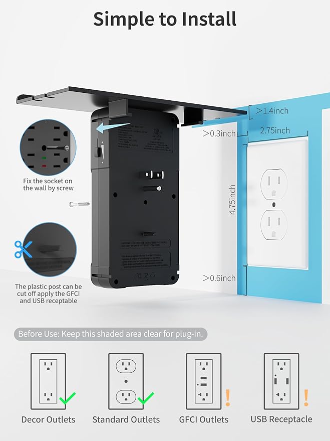 Wall Outlet Extender with Shelf and Night Light, Surge Protector with 3 USB Ports (2A+1C) and 6 AC Outlets, Multi Plug Power Strip Electric Outlet Splitter for Home and Office Use, Black