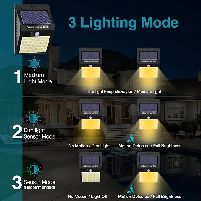 2 Pack Outdoor Solar Motion Lights - 3 Modes/100LED Wireless, IP65 Waterproof Solar Security Lights with Motion Sensor for Front Door, Backyard, Garage, Deck (Warm White)