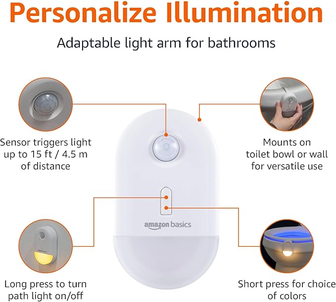 Amazon Basics Color Changing LED Toilet Bowl Motion Sensor Light, Battery Operated, Auto-off After 60 Seconds, 15 ft Detection Range, 2 Pack, White