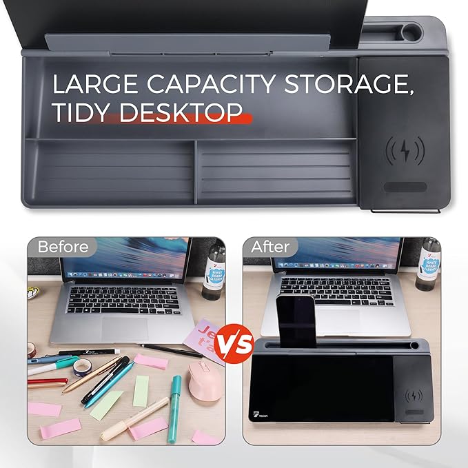 TOWON Glass Desk Whiteboard with Wireless Charger, Desktop Dry Erase Board with Storage & Phone Stand – Compact ~16 x 7 in, Black – Includes Marker & Eraser, Tempered Glass, Rewrite Reusable