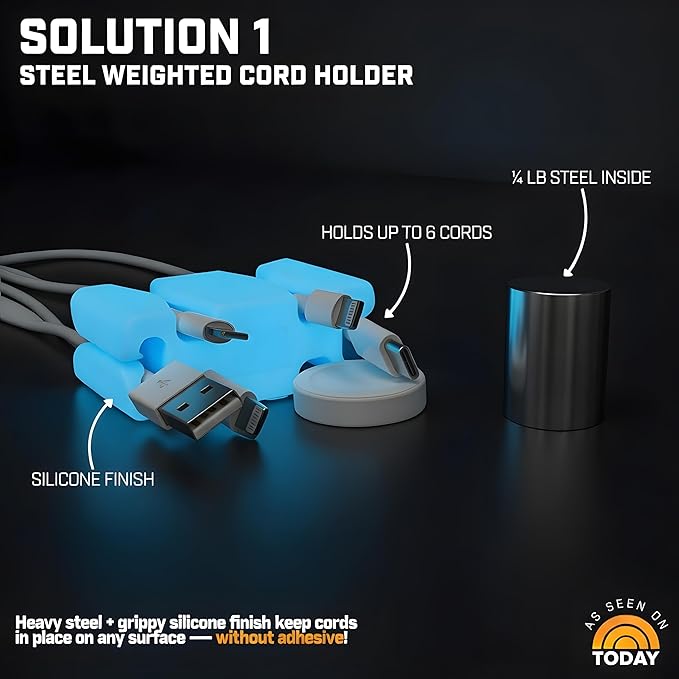 CordBrick Glowing Silicone + Steel Weighted Cable Holder for Nighstand, Cord Wrap for Travel, Unique iPhone Accessory. Small Graduation Gift for High Schoolers. Gadget for Teens. Orange Glow