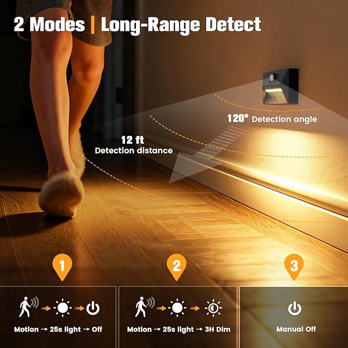 VOLISUN Motion Sensor Stair Light Rechargeable 8 Pack, Night Lights 3 Modes & 3 Color Temperatures, Magnetic Rechargeable Stick-On Lights for Stairs, Hallway, Cabinet(Black)