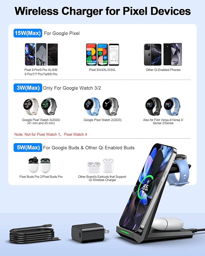 NANAMI Wireless Charger for Google - 3 in 1 Wireless Charging Station Fast Charger Stand Dock for Pixel 9/9 Pro XL/Fold/8/7,Buds Pro 2/Pro, Watch 3/2,Fitbit Versa 4/Sense 2(Not for Pixel Watch 1/4)