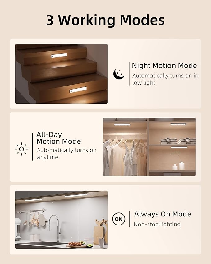 EZVALO 3-Pack Under Cabinet Lighting with Charging Station, 2000mAh Rechargeable Wireless Motion Sensor Lights, 3 Color Temps, Dimmable, Timer, Magnetic, with Remote Control for Kitchen, Closet
