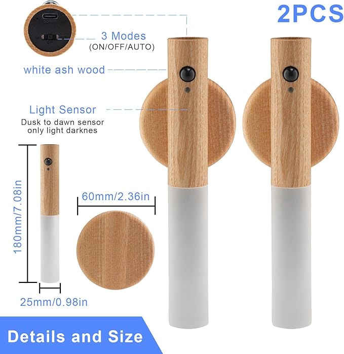 LANDGOO LED Automatic Motion Sensor Lights Wall Lamps Set of 2 Sconces Battery Operated Rechargeable Portable Magnetic 360° Rotation Cordless for Bedroom Bedside (White Ash Wood 2pcs)