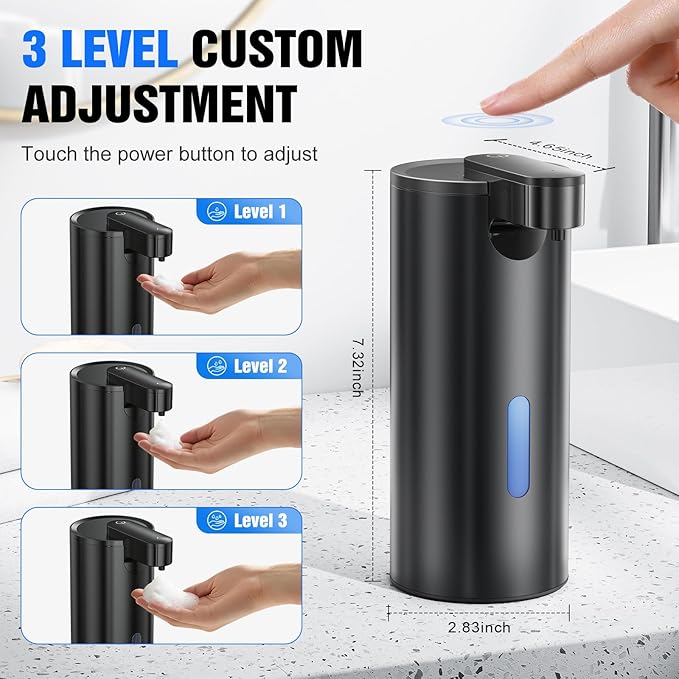 Fantictas Automatic Foaming Soap Dispenser Touchless, Stainless Steel 11.5 oz 3 Levels Adjustable Hand Soap Dispenser with Rechargeable Sensor Pump for Kitchen & Bathroom Liquid Soap,Black