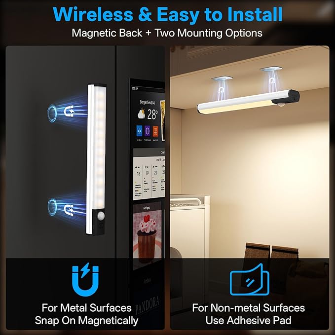 Under Cabinet Lighting,LED Closet Lights,Rechargeable Motion Sensor Light Indoor,3 Colors Dimmable,Magnetic Installation for Kitchen,Wardrobe,Bedroom,Drawer 6Pack