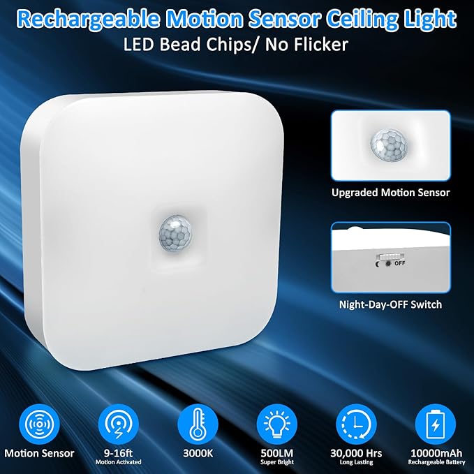 TOOWELL Rechargeable Motion Sensor Closet Light - 10000mAh Battery Operated Ceiling Light,500LM Warm White Wireless Ceiling Lights for Closet Shower Bathroom Pantry Hallway Porch Stair 3000K