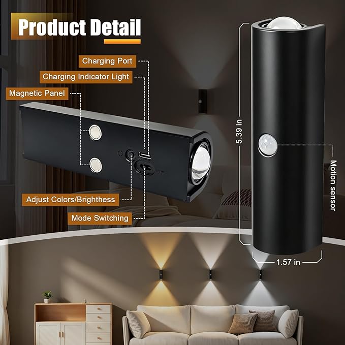 2 Pack Motion Sensor Wall Light, Rechargeable Wall Sconces Battery Operated with 3 Colors & Dimmable, Magnetic Wireless Wall Sconces for Stair Bedroom Hallway Bathroom (Black)
