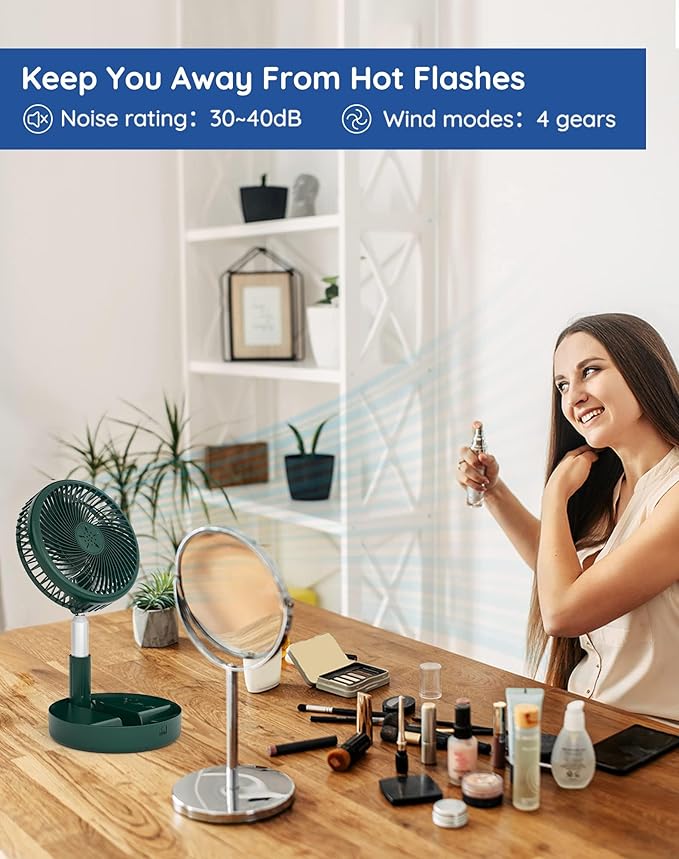 Primevolve Portable Fan,Battery Operated Rechargeable USB Fan with Remote, Foldable Floor Table Desk Pedestal Fan for Bedroom Camping Travel,Green 7.7"