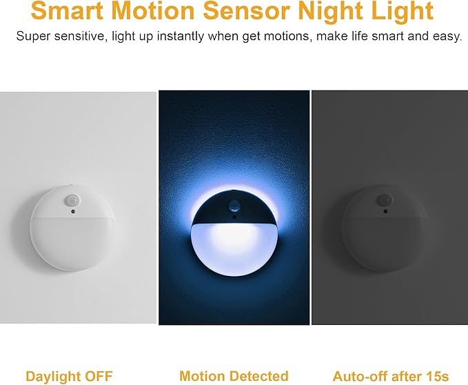 YUNLEX 2 Pack Azure Battery Night Light, Motion Activated Night Light, 2.6" Small Sticky Lights, 3 Light Modes, Dimmable Battery Operated Lights for Travel, Toilet, Bathroom, Closet, Stairs,Corridor