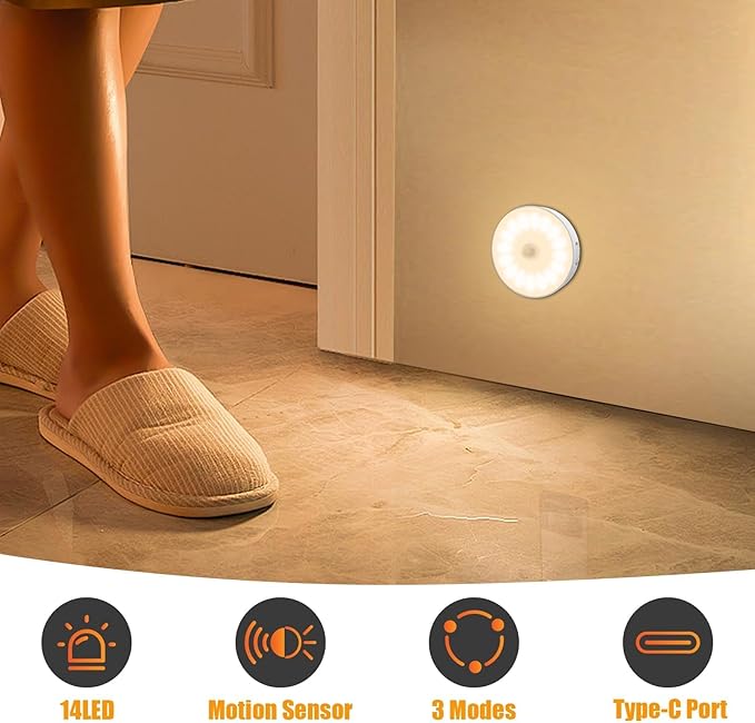 3 Pack Motion Sensor Light Indoor, Upgraded 14 LEDs Night Light USB Rechargeable, 3 Light Modes & Long Last Battery, Cordless Magnetic NightLight for Closet, Bedroom, Stairs - Warm White