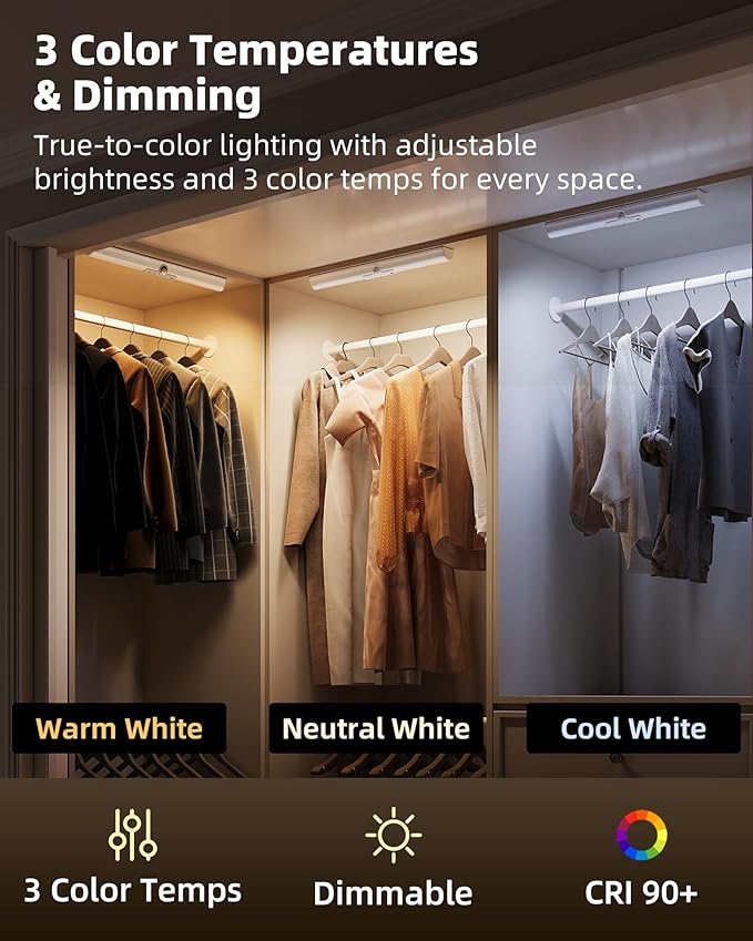 EZVALO 17-Inch Motion Sensor Closet Lights, 3600mAh Rechargeable Battery LED Cabinet Lights, 150 Lumens No-Glare Curved, 3 Color Temps & Dimmable Pantry Lights for Wardrobe, Shelves - 2 Pack