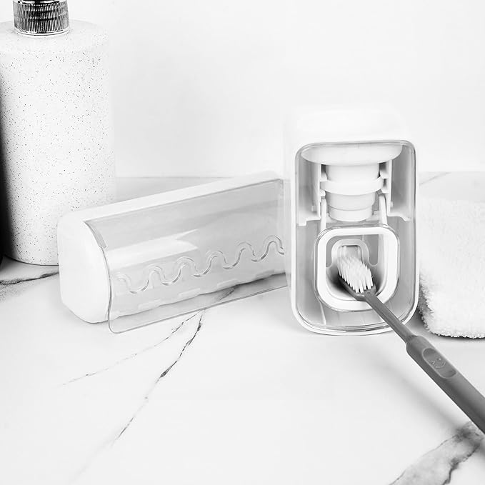 5 Slots Wall Mount Toothbrush Holder with Cover, Self Adhesive Toothbrush Storage Organizer for Shower, Toothbrush Hanger with Automatic Toothpaste Squeezer Dispenser (White)