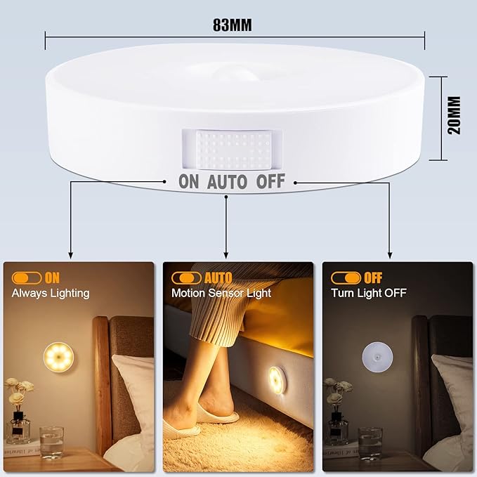 3 Pack Motion Sensor Light, 8 LEDs Rechargeable Night Light, with USB Cable & Magnetic Patch, 3 Modes, Cordless Safe Wall Light for Kitchen, Bookshelves, Drawers - 3000K Warm White