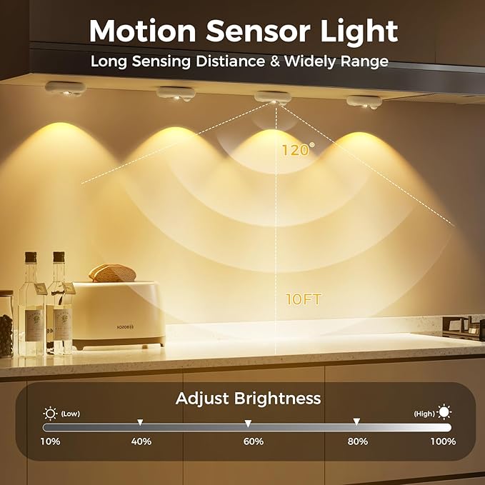 LED Motion Sensor Puck Lights, Small Rechargeable Under Cabinet Light, Dimmable Warm White Closet Lights, Wireless Under Cabinet Lighting for Drawer, Kitchen (4 Pack)