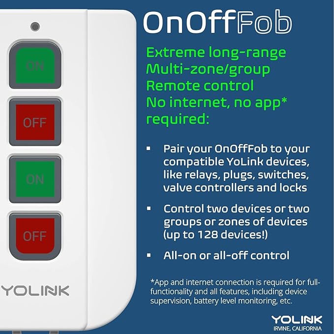 YoLink On/OffFob Programmable 2-Device/Group Smart Fob, LoRa Extreme Long (up to 1/4 Mile Open-air) Range for use with YoLink Smart Plugs, Light Switches, Plugs, Relays, Valves, Locks, etc.