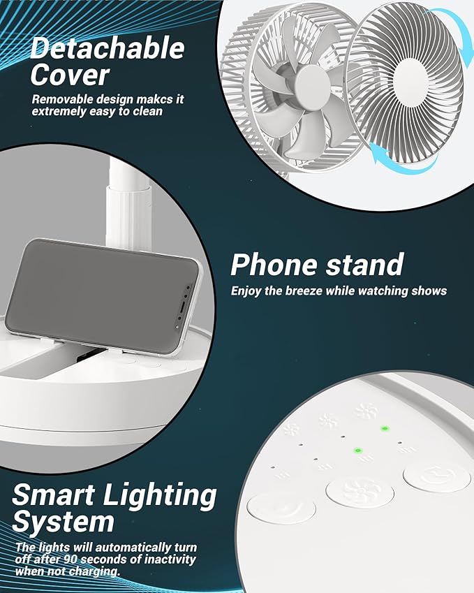 Desk Fan, 8-Inch Oscillating Portable Fan Rechargeable, 24H Run, 90° Rotate Small Fan for Bedroom, 4 Speeds＆8H Timer Quiet Mini Travel Fan, Battery Powered USB Fans for Office＆Home, White