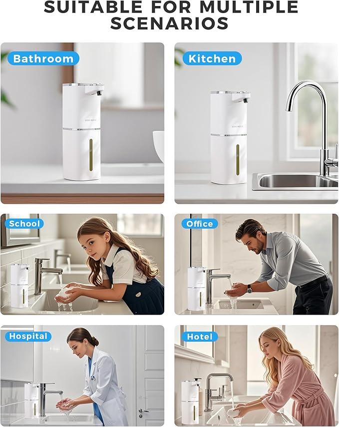 Automatic Foaming Soap Dispenser, 13.5oz/400mL, USB Rechargeable, 9-Adjustable Foam Levels, IPX5 Waterproof, Touchless & Wall/Tabletop Use for Kitchen Bathroom, White
