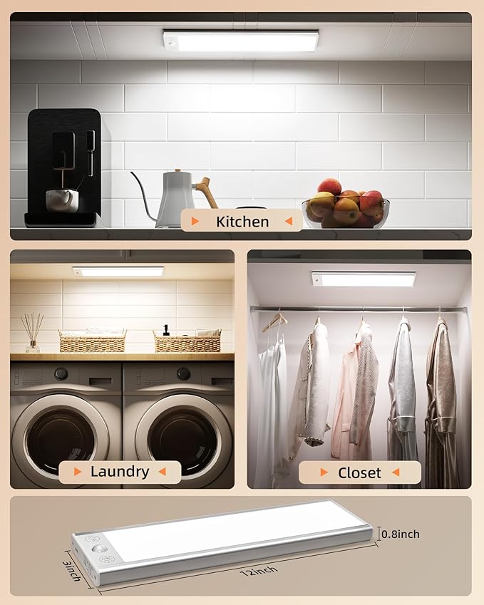 EZVALO 200LM Super Bright Under Cabinet Lighting Wireless, 5000mAh Rechargeable Battery Motion Sensor Light Indoor, Dimmable Under Counter Lights for Kitchen, 3-Inch Ultra-Wide Panel Closet Light