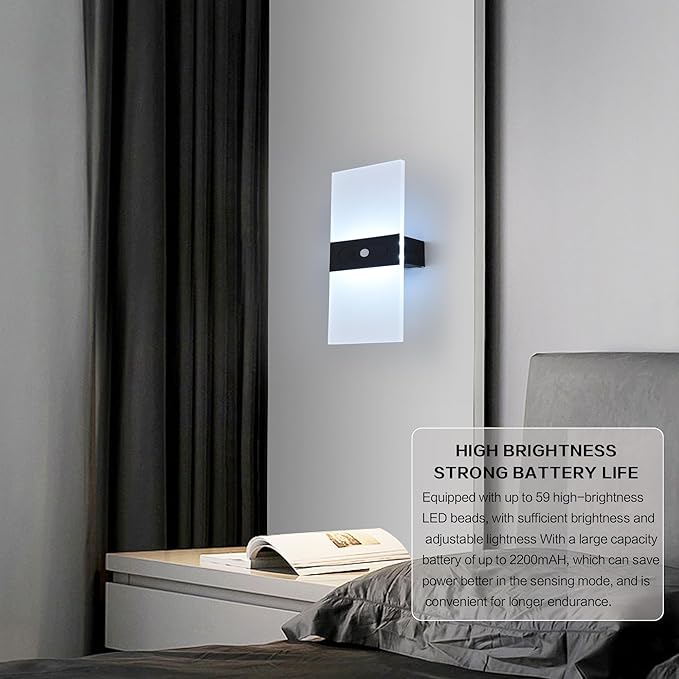 Wall Sconces 2Pack,2200mah Battery Operated Wireless Wall Lamp Rechargeable, Motion Sensor Dimmable Up and Down Stair Light with Button Switch for Bedroom Hallway