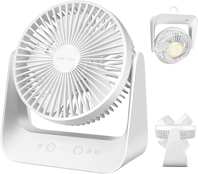 5000mAh Small Desk Fan 6-Inch, Portable Desktop Fan with Intelligent temperature control function,Small Battery Operated USB Fan with Light & Hook for Bedroom, Home, Office, Travel & Cruise
