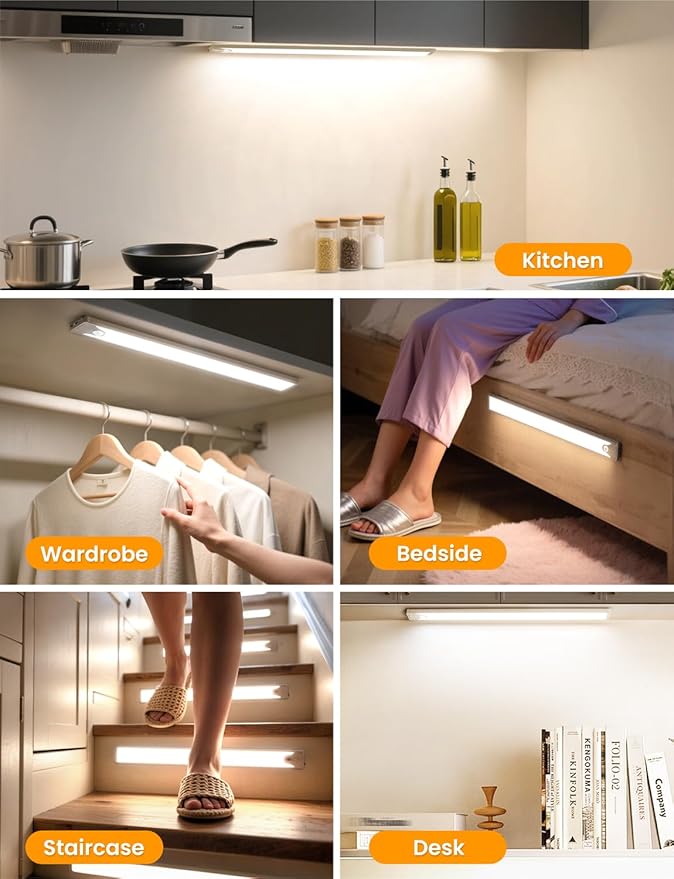 Under Cabinet Lighting, 8 Inch LED Rechargeable Battery Operated Motion Sensor Light Indoor, 1100 mAh Wireless Magnetic Dimmable 6500K Closet Lights for Under Counter, Kitchen, Stairs, 2 Pack