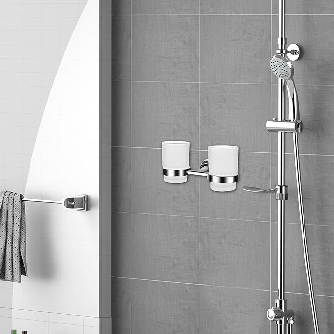 Double Toothbrush Holder, Wall Mounted Glass Tumbler Holder with Frosted Glass, Toothpaste Organizer for Bathroom