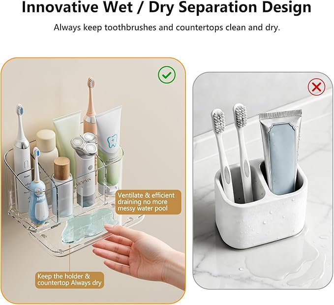 MOPMS Toothbrush Holders for Bathrooms, 5 Slots Adjustable Divider Tooth Brush and Toothpaste Holder for Easy Clean, Wall Mounted & Countertop Organizer with Drain Tray for Shower/Kitchen