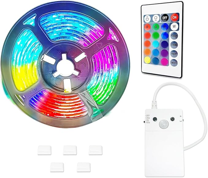 Motion Sensor Strip Lights Battery Operated, 6.6FT Color Changing Led Strip Light Dimmable with Remote/4Modes, RGB & Warm White Light Strip Waterproof for Bedroom Bathroom Cabinet Closet Indoor