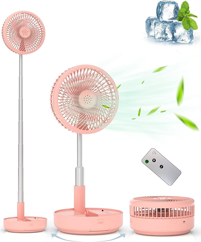 Primevolve Portable Fan, |21H Battery|7200mAh Rechargeable Oscillating Fan with Remote, Foldable Telescopic 7.7" for Travel Camping Cruise Hotel Bedroom, Pink