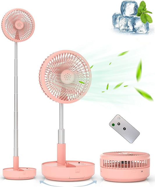 Primevolve Portable Fan, |21H Battery|7200mAh Rechargeable Oscillating Fan with Remote, Foldable Telescopic 7.7" for Travel Camping Cruise Hotel Bedroom, Pink