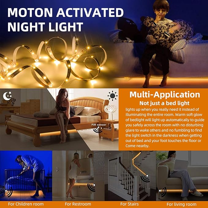 9.84ft Motion Activated LED Strip Lights, Warm White, Non-Waterproof, USB Powered, with Motion Sensor and Automatic Shut-Off Timer