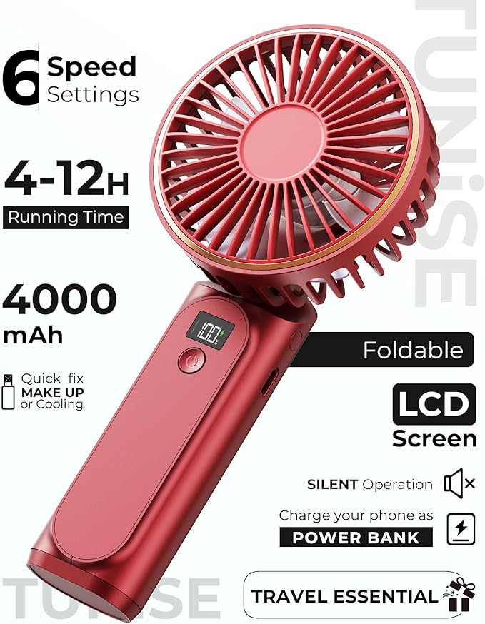 Portable Handheld Fan, 4000mAh, 180 Adjustable, 6 Speed Wind, Display Electricity in Real Time, USB Rechargeable Foldable Personal Fan