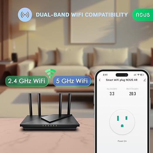 NOUS Wi-Fi Smart Plug 15A, Dual-Band 2.4GHz & 5GHz, Energy Monitoring, Compatible with Alexa, Google Home, Tuya Smart App, Remote Control, Timer, Compact Design, Smart Outlet, 4 Pack
