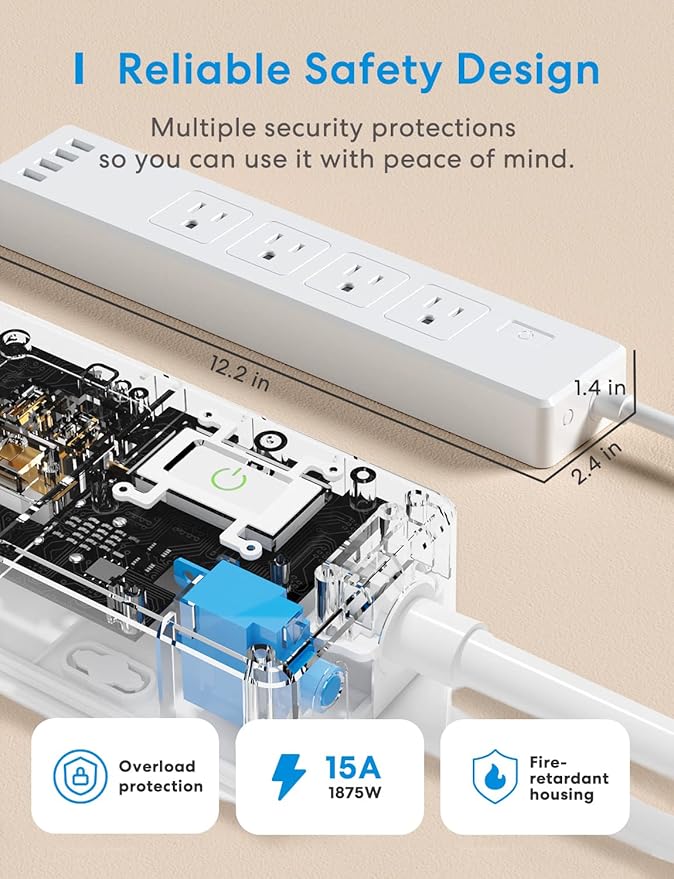 meross Smart Plug Power Strip, WiFi Flat Outlet 15A Compatible with Apple HomeKit, Siri, Alexa, Google Assistant & SmartThings, with 4 AC Outlets & 4 USB Ports, 6 Feet Surge Protector Extender